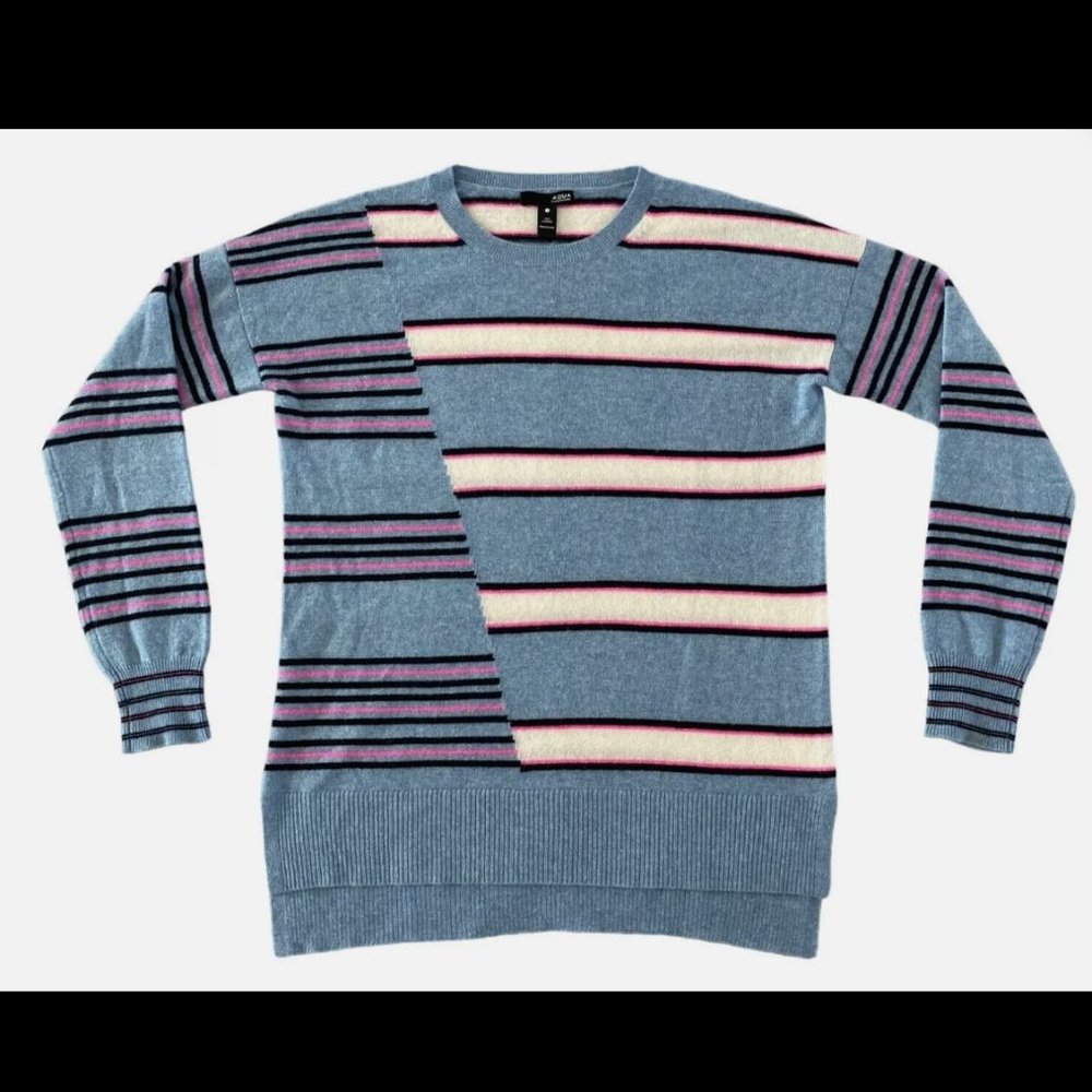 AQUA Cashmere High Low Crewneck 100% Cashmere Sweater Striped Blue Pink (Small)